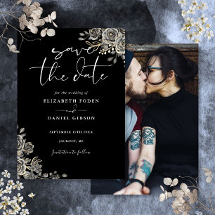 Schwarz-Weiße gothische Blumen-Hochzeitsfoto Save The Date