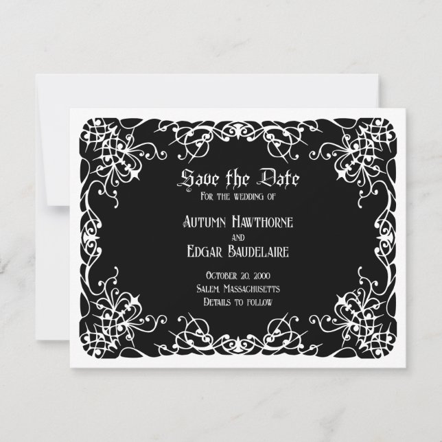 Schwarz-weiße gotische Hochzeit Save The Date (Vorderseite)