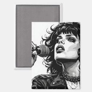 Schwarz-weiße Grafik im Stil einer Goth-Punk-Sänge Magnet