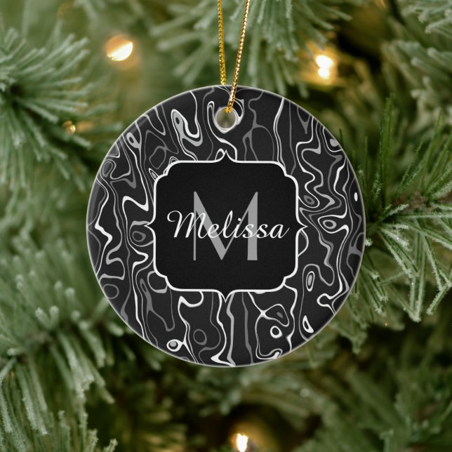 Schwarz-weiße graue Damaskus abstrakte Wirbel Mono Keramik Ornament (Baum)