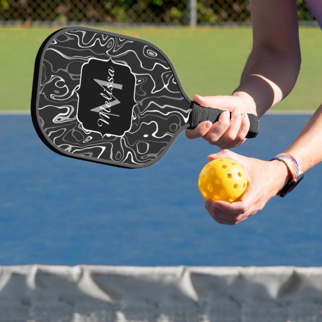 Schwarz-weiße graue Damaskus abstrakte Wirbel Mono Pickleball Schläger (InSitu)