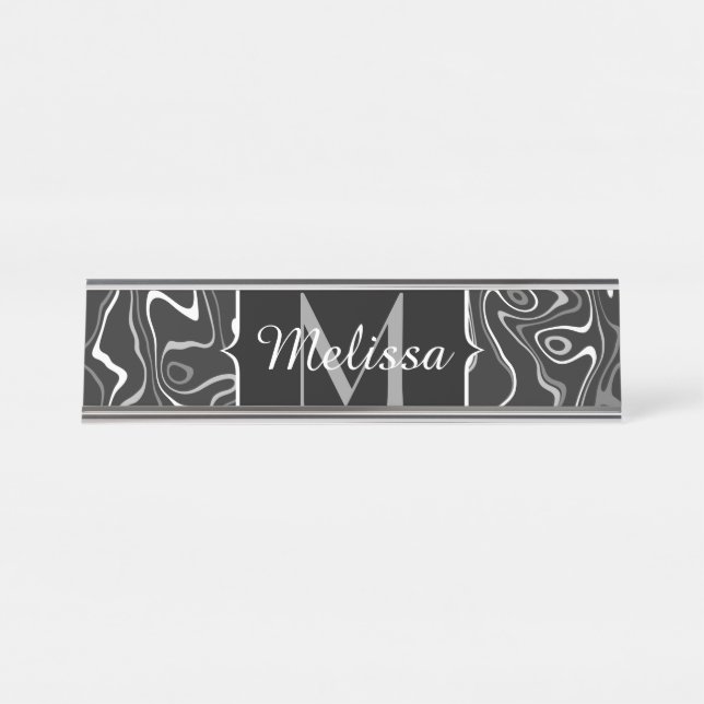 Schwarz-weiße graue Damaskus abstrakte Wirbel Mono Schreibtischnamensplakette (Vorderseite )