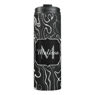 Schwarz-weiße graue Damaskus abstrakte Wirbel Mono Thermosbecher