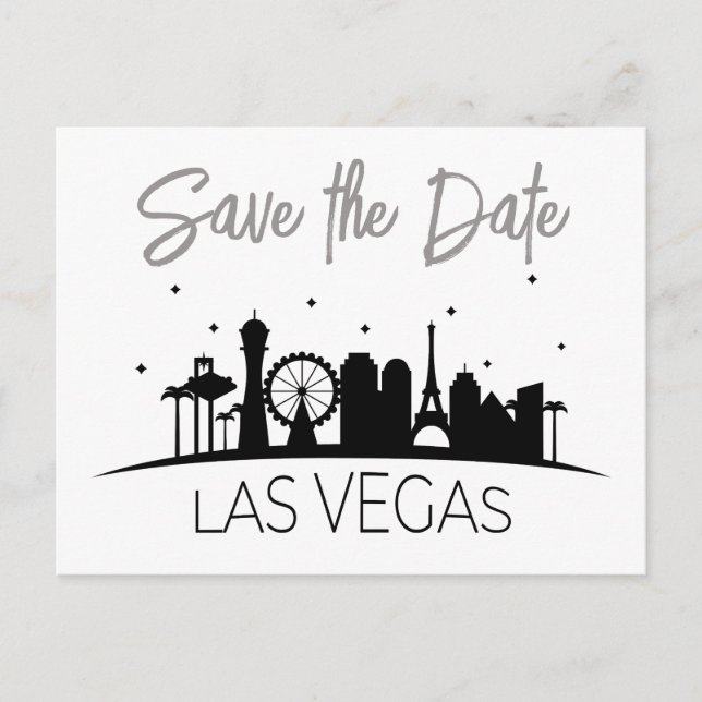 Schwarz-weiße graue Las Vegas Hochzeit speichern d Ankündigungspostkarte (Vorderseite)