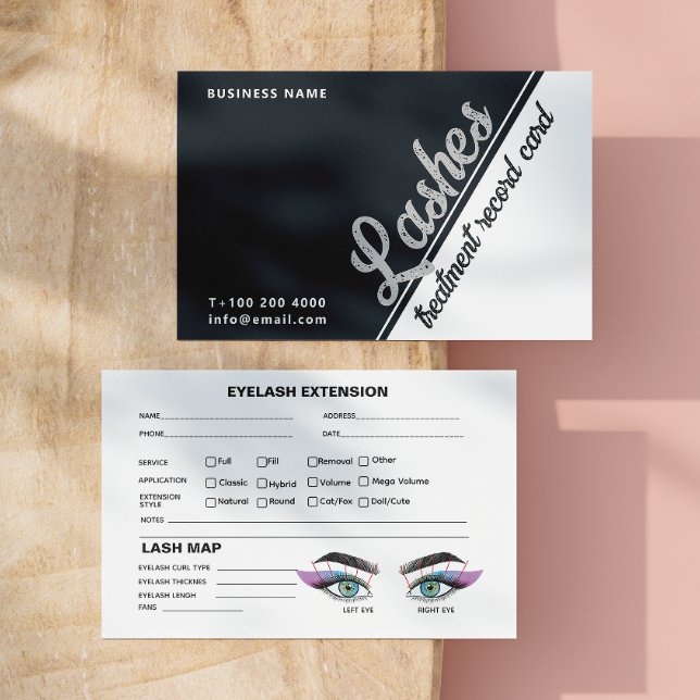 Schwarz-weiße Graue Lash Client Extension Map Visitenkarte (Iridescent Blue Lash Record Extension Map Business Card)