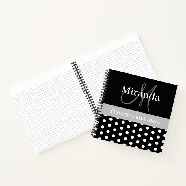 Schwarz-weiße graue Monogram Script Polka Dots Notizbuch (Innenseite)