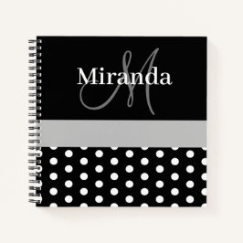 Schwarz-weiße graue Monogram Script Polka Dots Notizbuch
