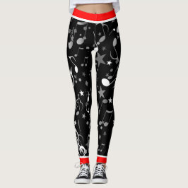 Schwarz-weiße graue Musiknoten und Rote Trimm auf  Leggings