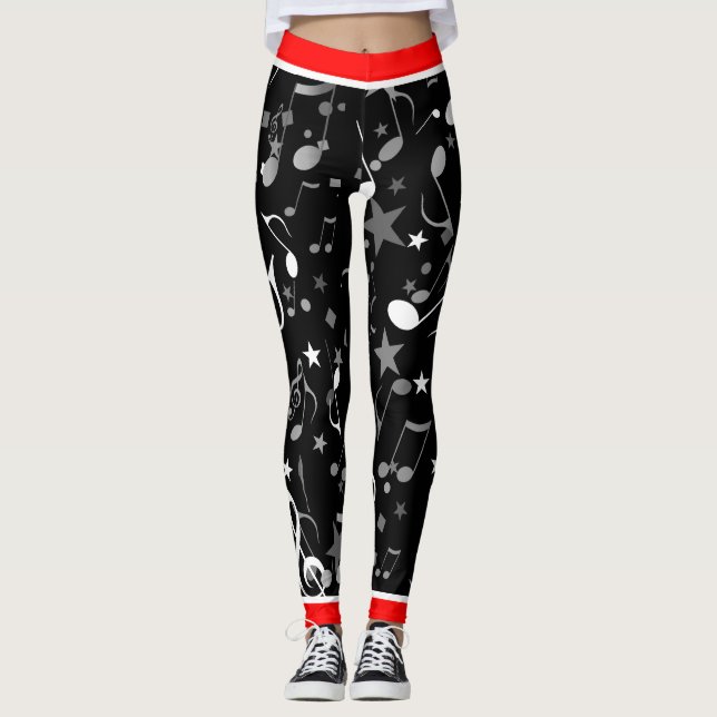 Schwarz-weiße graue Musiknoten und Rote Trimm auf  Leggings (Vorderseite)