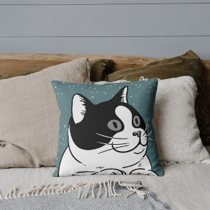Schwarz-weiße graue Tierkatze Modernes Blau Kissen