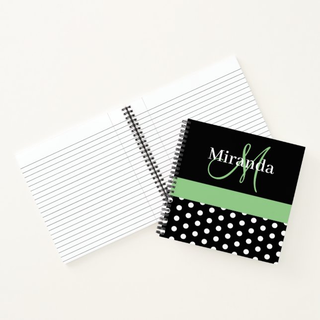 Schwarz-weiße Green Monogram Script Polka Dots Notizbuch (Innenseite)