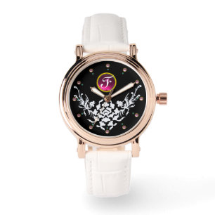 SCHWARZ-WEISSE GRIFFINEN UND BLUME GEM MONOGRAM ARMBANDUHR