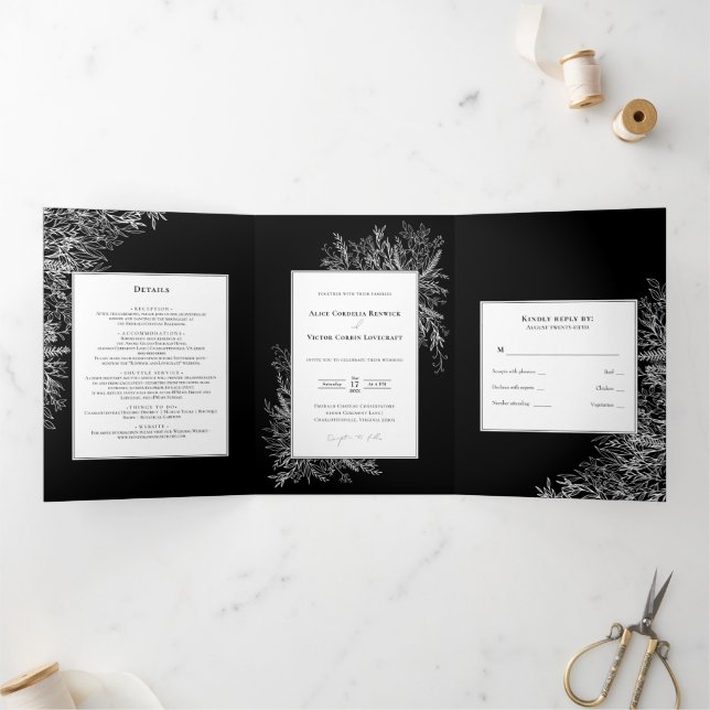 Schwarz-weiße Grüne Hochzeit Tri-Fold Einladung (Innenseite)