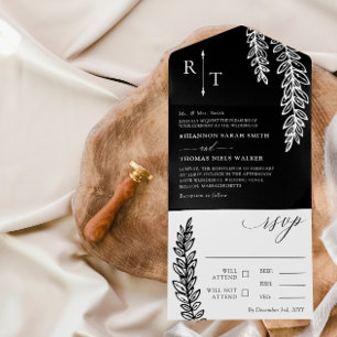 Schwarz-weiße Grüne Mit Monogramm Hochzeit All In One Einladung