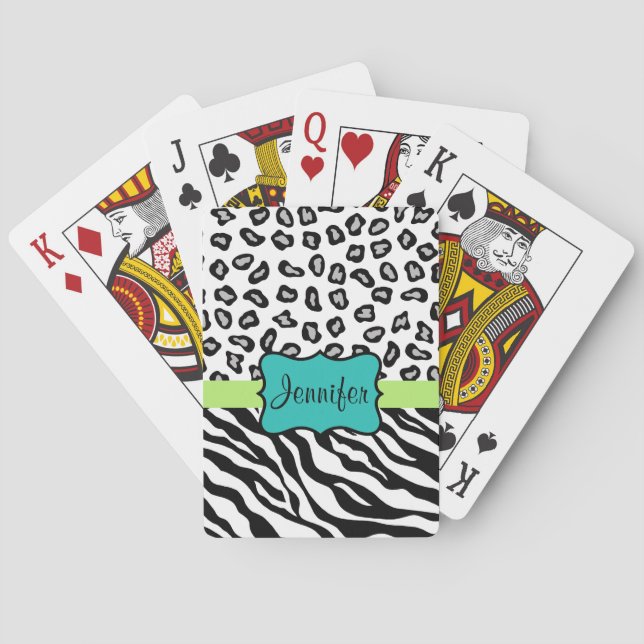 Schwarz-weiße grüne und türkisfarbene Zebra & Gepa Spielkarten (Rückseite)