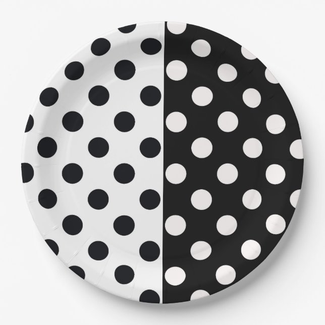 Schwarz-weiße halbe Farbtrennung inverse Polka-Pun Pappteller (Vorderseite)