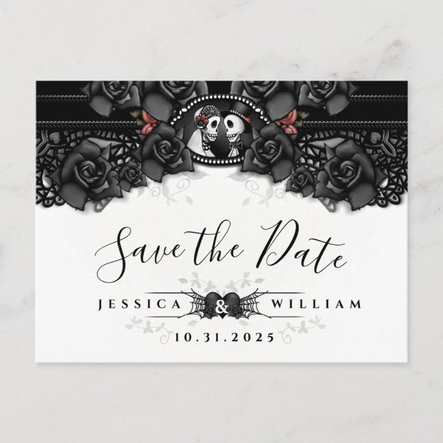 Schwarz-weiße Halloween-Hochzeitsskelette Ankündigungspostkarte (Vorderseite)