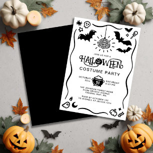 Schwarz-weiße Halloween-Kostümparty mit handgezeic Einladung