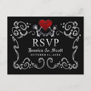 Schwarz-weiße Halloween Skeletons Heart Wedding RS Einladungspostkarte