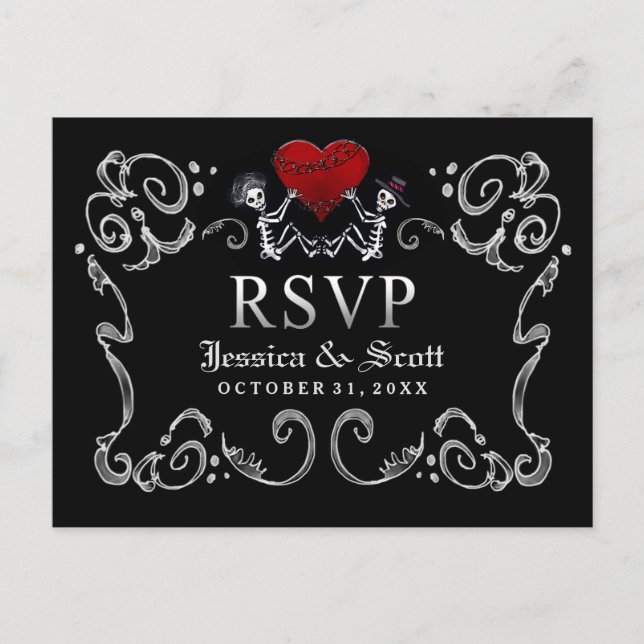 Schwarz-weiße Halloween Skelette Wedding MENU-UAWG Einladungspostkarte (Vorderseite)