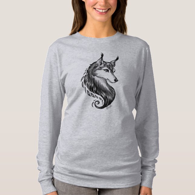 Schwarz-weiße Hand gezeichneter Wolf weg vom T-Shirt (Vorderseite)