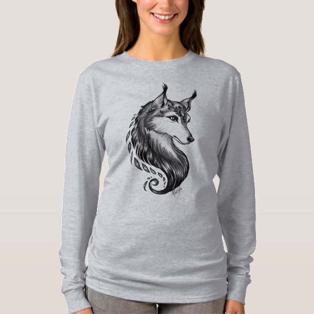 Schwarz-weiße Hand gezeichneter Wolf weg vom T-Shirt (Vorderseite)