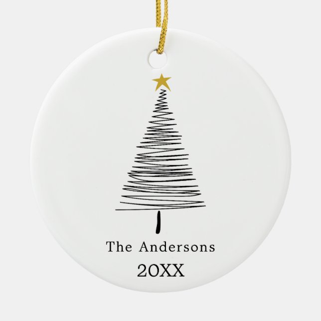 Schwarz-weiße handgezeichnet Weihnachtsbaumfamilie Keramik Ornament (Vorne)