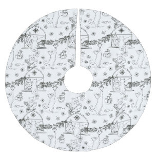 Schwarz-weiße handgezeichnete Katzen & Weihnachtsb Polyester Weihnachtsbaumdecke