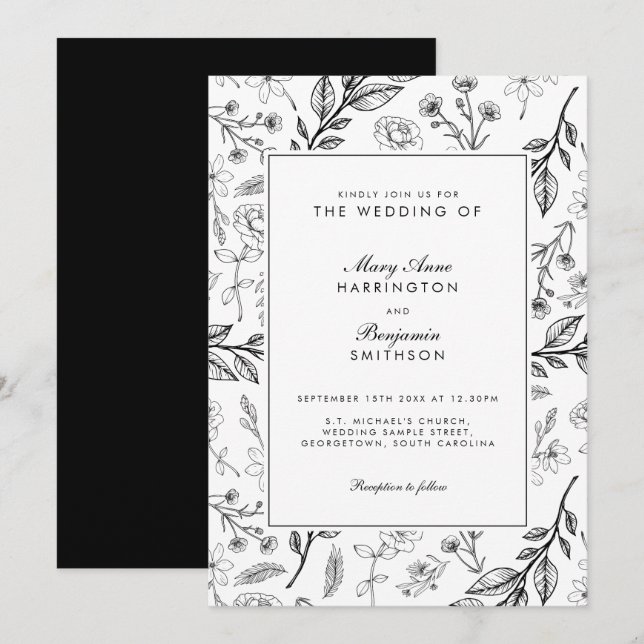 Schwarz-weiße Hochzeit Einladung (Vorne/Hinten)