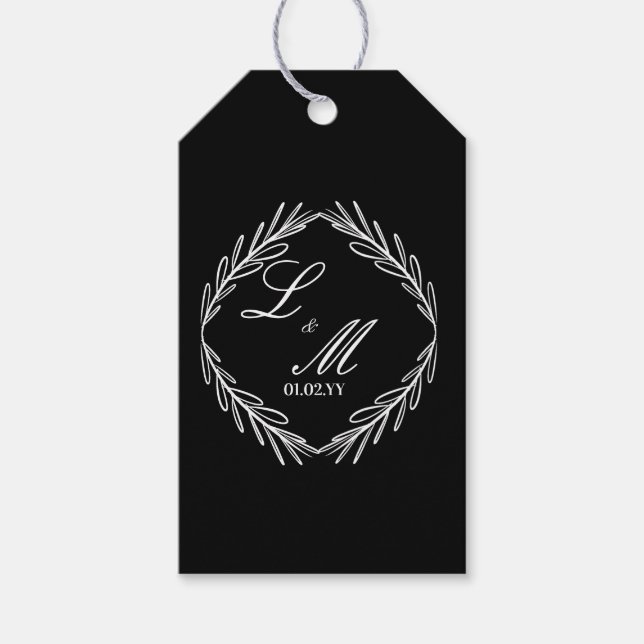 Schwarz-weiße Hochzeit für Monogramm-Skriptzweig Geschenkanhänger (Vorderseite)