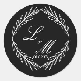Schwarz-weiße Hochzeit für Monogramm-Skriptzweig Runder Aufkleber