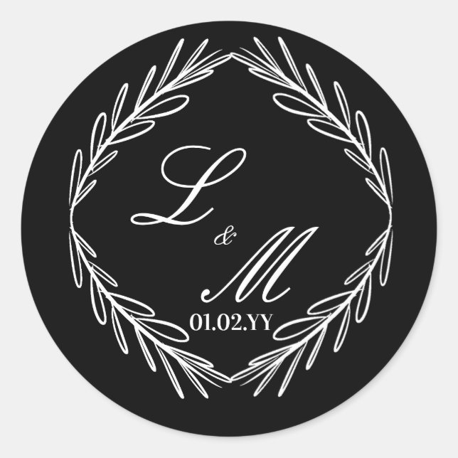 Schwarz-weiße Hochzeit für Monogramm-Skriptzweig Runder Aufkleber (Vorderseite)