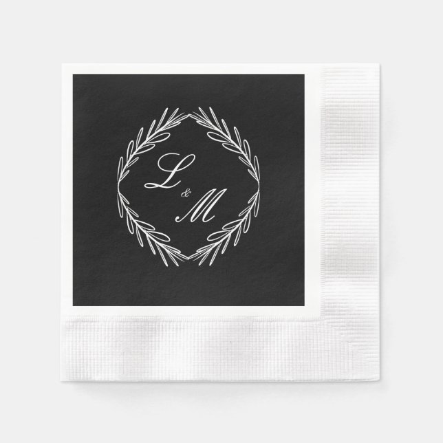 Schwarz-weiße Hochzeit für Monogramm-Skriptzweig Serviette (Vorderseite)