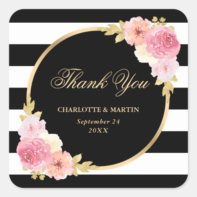 Schwarz-weiße Hochzeit in Gold Pink Quadratischer Aufkleber (Vorderseite)