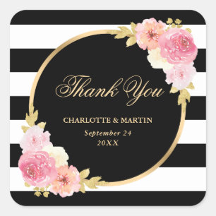 Schwarz-weiße Hochzeit in Gold Pink Quadratischer Aufkleber