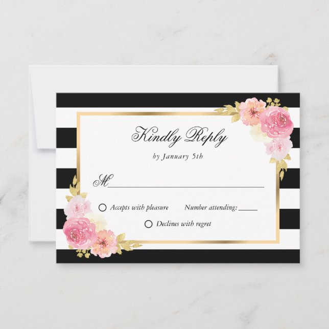 Schwarz-weiße Hochzeit in Gold Pink RSVP Karte (Vorderseite)