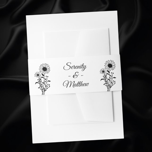 Schwarz-weiße Hochzeit mit blühenden Sonnenblumen Einladungsbanderole (Von Creator hochgeladen)
