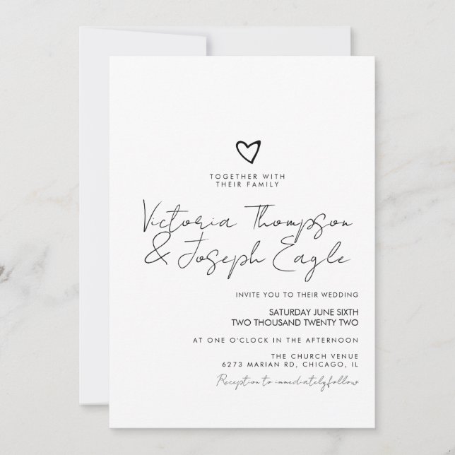 Schwarz-weiße Hochzeit mit Chic Script Einladung (Vorderseite)
