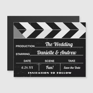 Schwarz-weiße Hochzeit mit Filmklappen speichern S Magnetkarte