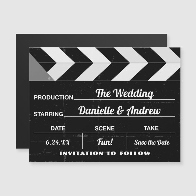 Schwarz-weiße Hochzeit mit Filmklappen speichern S Magnetkarte (Vorne/Hinten)