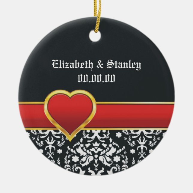 Schwarz-weiße Hochzeit mit rotem Damast Keramikornament (Vorne)