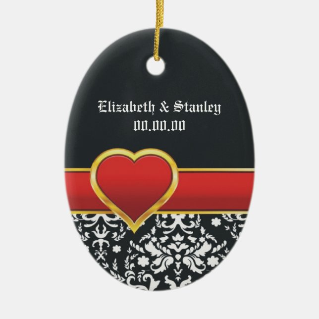 Schwarz-weiße Hochzeit mit rotem Damast Keramikornament (Vorne)