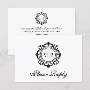 Schwarz-weiße Hochzeit mit verzierter Floral RSVP Karte