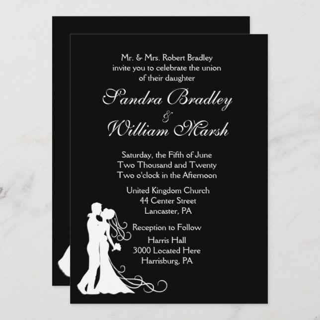 Schwarz-weiße Hochzeit von Braut und Groom Einladung (Vorne/Hinten)