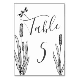 Schwarz-weiße Hochzeit von Dragonfly und Cattails Tischnummer