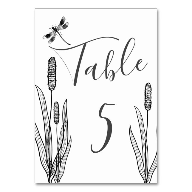 Schwarz-weiße Hochzeit von Dragonfly und Cattails Tischnummer (Vorderseite)