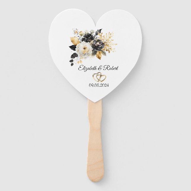 Schwarz-weiße Hochzeit von Gold-Blume Fächer (Rückseite)