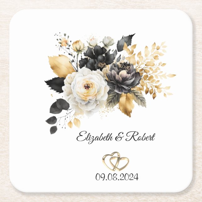 Schwarz-weiße Hochzeit von Gold-Blume Rechteckiger Pappuntersetzer (Vorderseite)