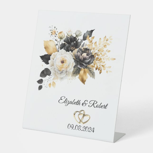 Schwarz-weiße Hochzeit von Gold-Blume Sockelschild (Vorderseite)