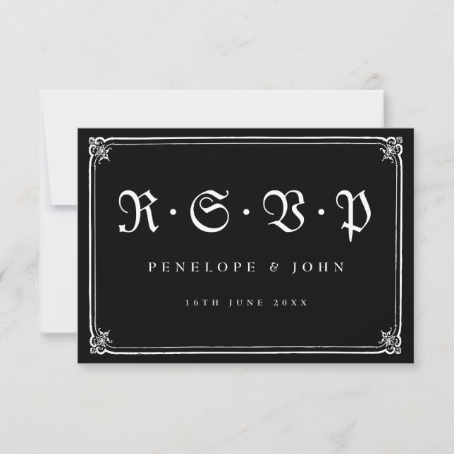 Schwarz-weiße Hochzeit von Gothic Frame RSVP Karte (Vorderseite)